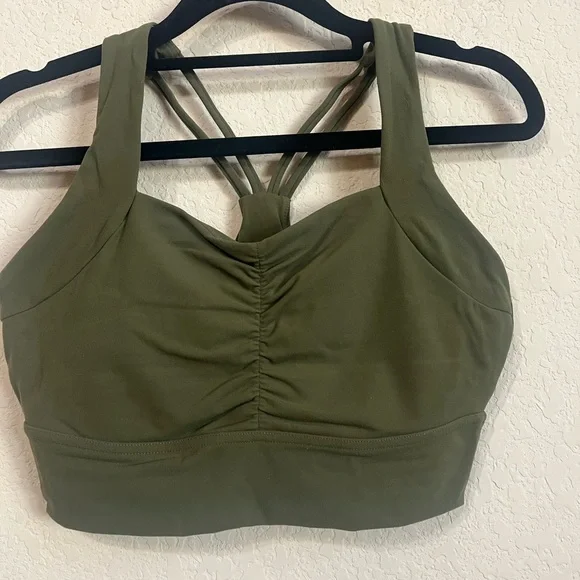 EUC Bloom Sports Bra Buffbunny Grounded Down Olive Color Ruched Front - Picture 2 of 5